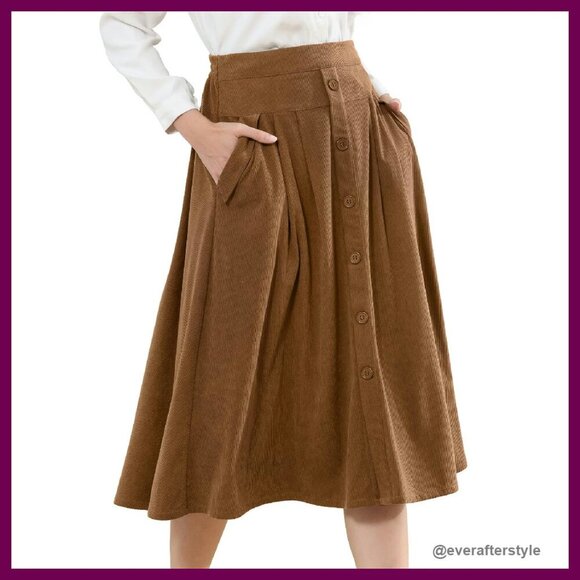 Dresses & Skirts - Vintage Corduroy Skirt High Waist Pleated A-Line Midi with Pockets Fall Winter